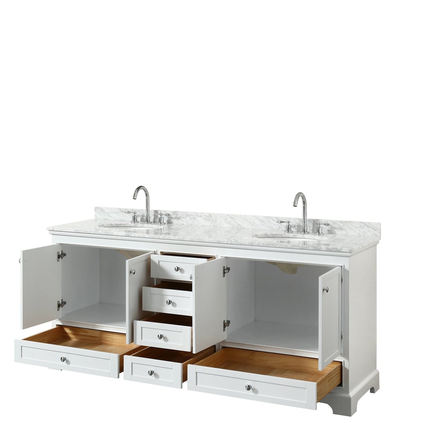 Wyndham Collection Deborah 80" Double Bathroom Vanity in White, White Carrara Marble Countertop, Undermount Oval Sinks, and No Mirror
