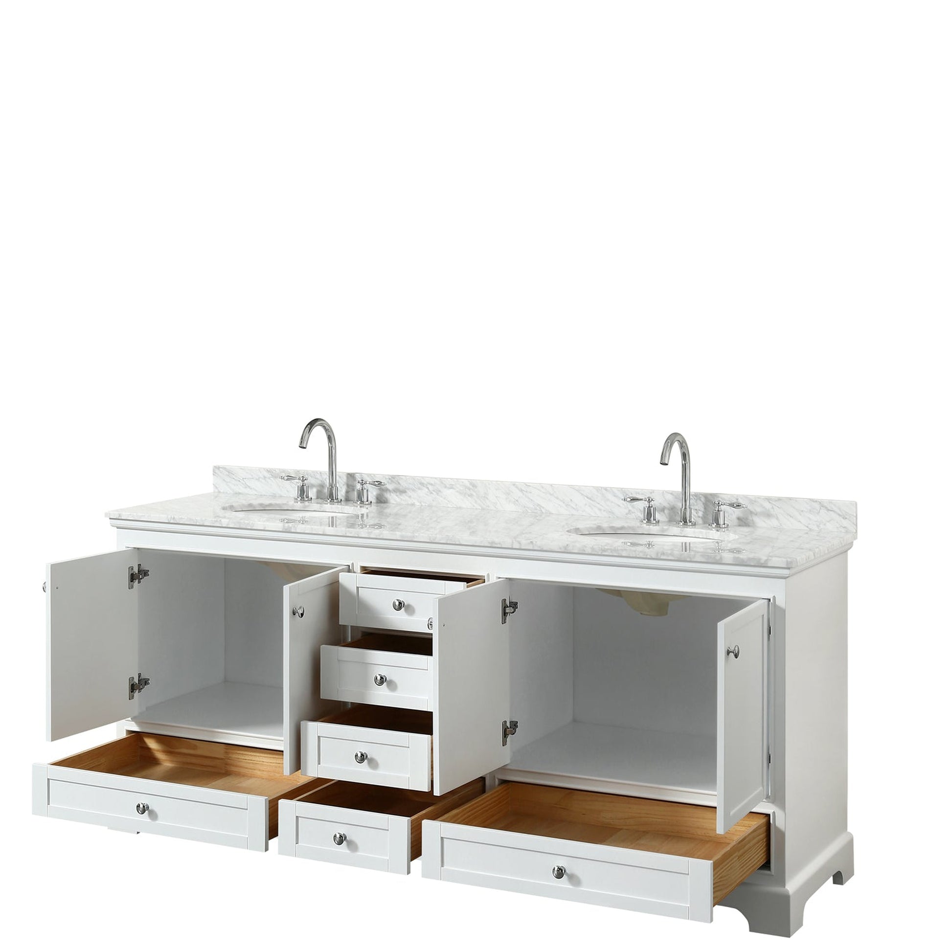 Wyndham Collection Deborah 80" Double Bathroom Vanity in White, White Carrara Marble Countertop, Undermount Oval Sinks, and No Mirror