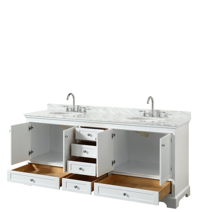 Wyndham Collection Deborah 80" Double Bathroom Vanity in White, White Carrara Marble Countertop, Undermount Oval Sinks, and No Mirror