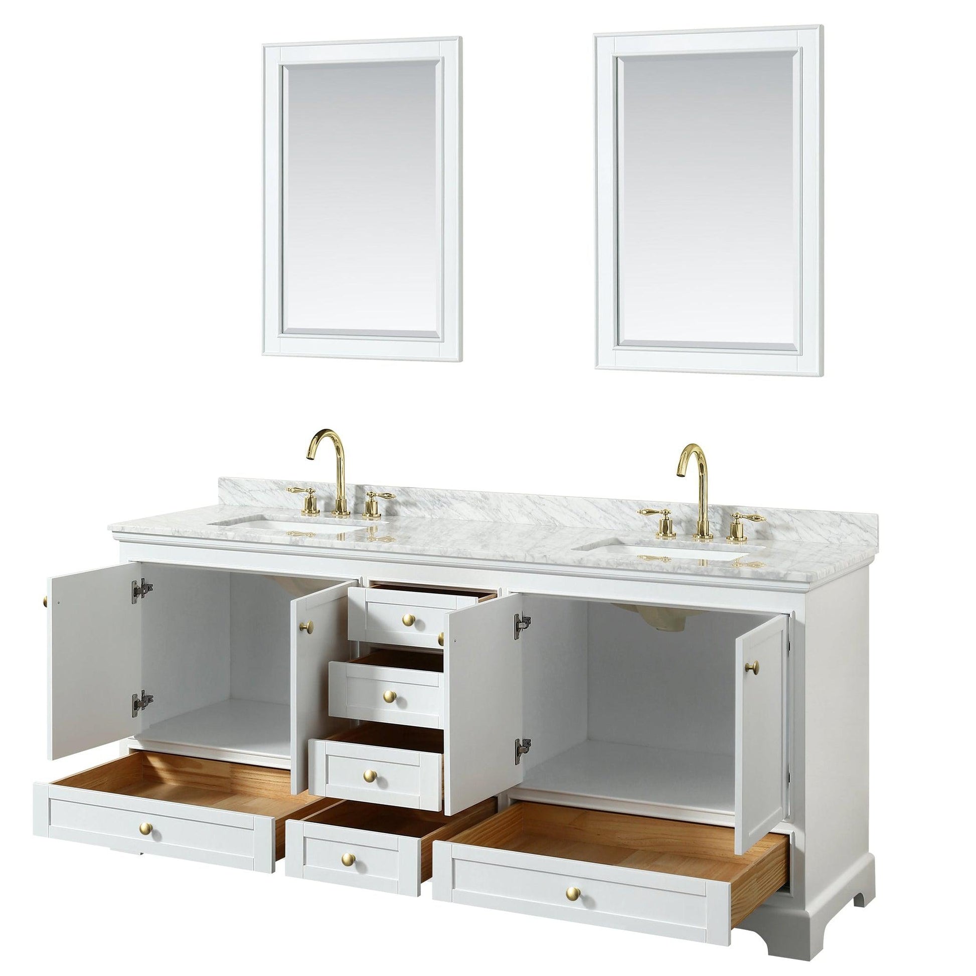 Wyndham Collection Deborah 80" Double Bathroom Vanity in White, White Carrara Marble Countertop, Undermount Square Sinks, Brushed Gold Trim, 24" Mirror