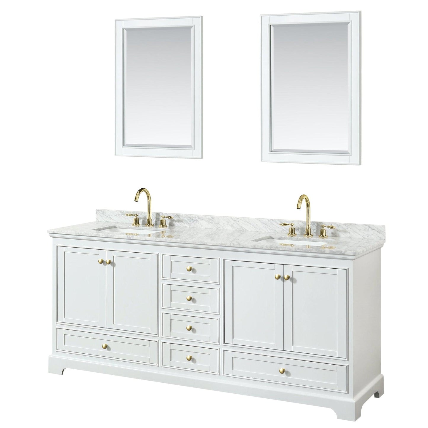 Wyndham Collection Deborah 80" Double Bathroom Vanity in White, White Carrara Marble Countertop, Undermount Square Sinks, Brushed Gold Trim, 24" Mirror