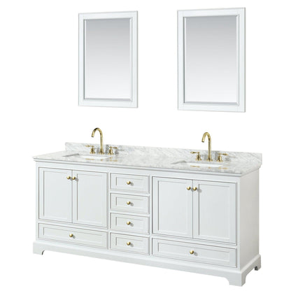 Wyndham Collection Deborah 80" Double Bathroom Vanity in White, White Carrara Marble Countertop, Undermount Square Sinks, Brushed Gold Trim, 24" Mirror