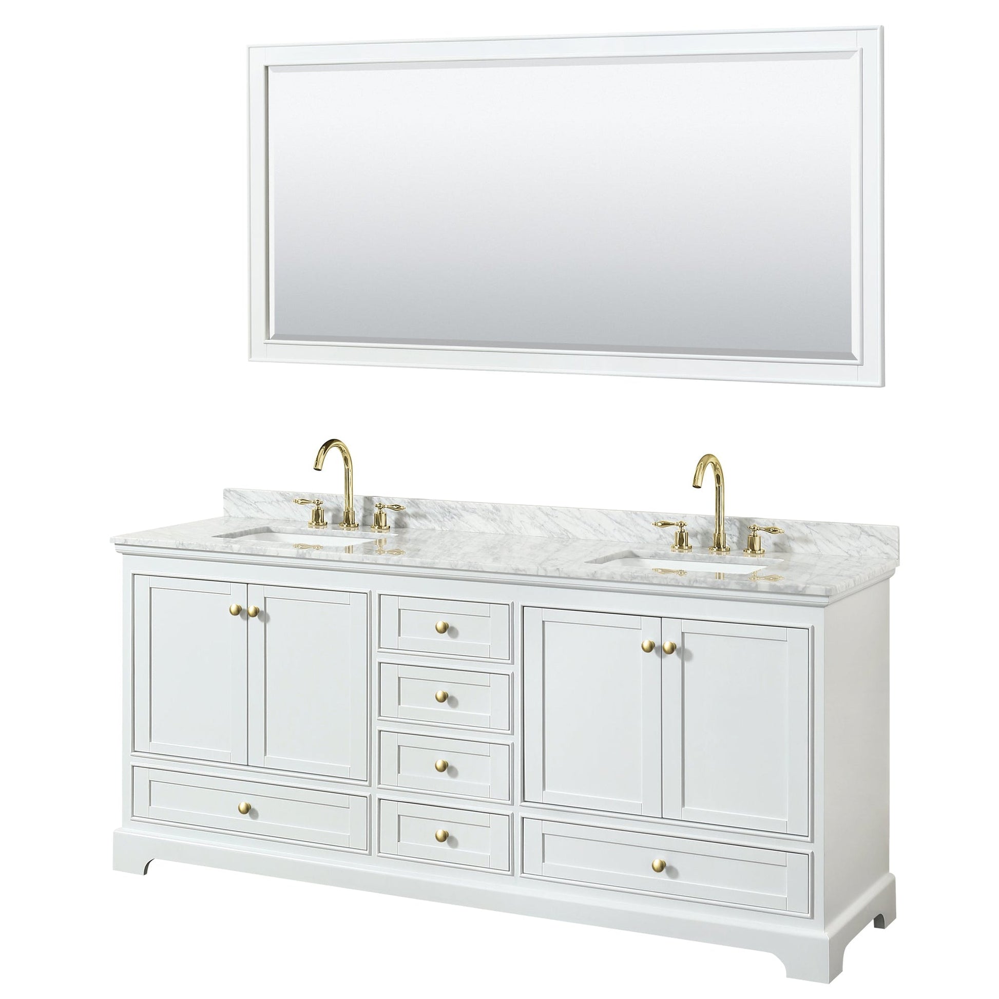 Wyndham Collection Deborah 80" Double Bathroom Vanity in White, White Carrara Marble Countertop, Undermount Square Sinks, Brushed Gold Trim, 70" Mirror