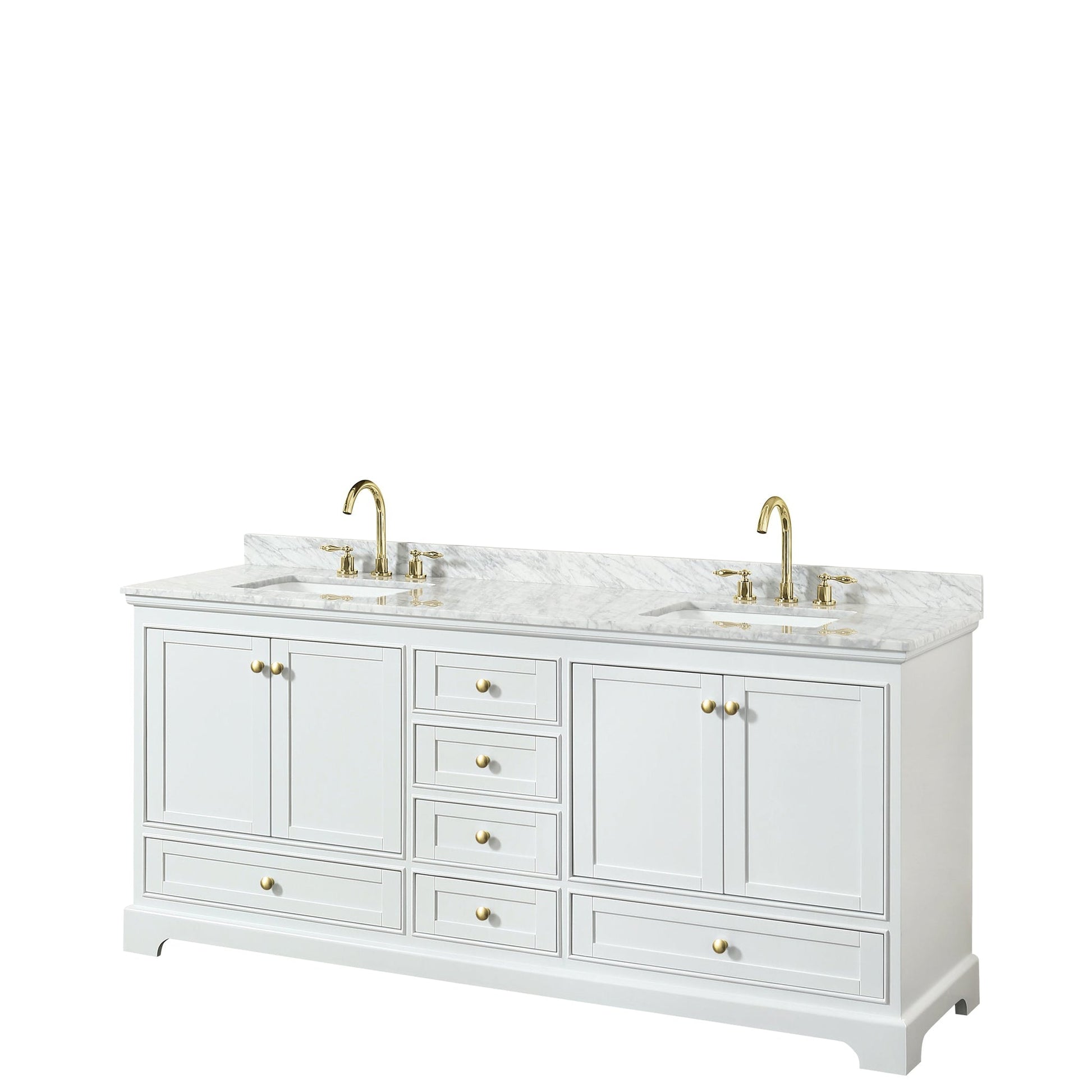 Wyndham Collection Deborah 80" Double Bathroom Vanity in White, White Carrara Marble Countertop, Undermount Square Sinks, Brushed Gold Trim, No Mirror