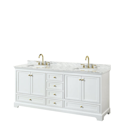 Wyndham Collection Deborah 80" Double Bathroom Vanity in White, White Carrara Marble Countertop, Undermount Square Sinks, Brushed Gold Trim, No Mirror