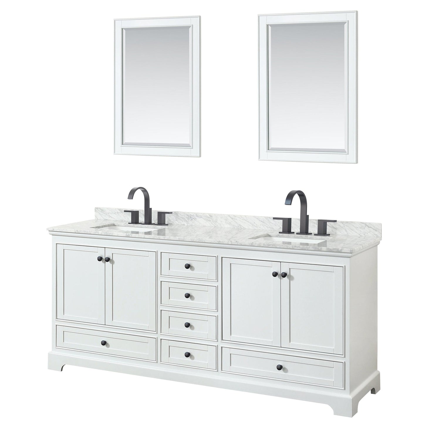 Wyndham Collection Deborah 80" Double Bathroom Vanity in White, White Carrara Marble Countertop, Undermount Square Sinks, Matte Black Trim, 24" Mirrors