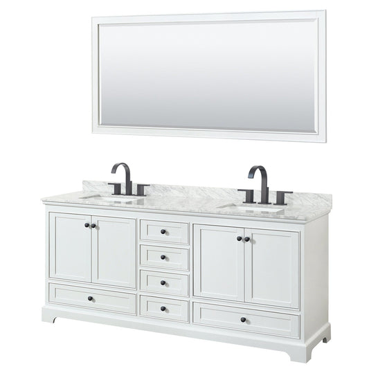 Wyndham Collection Deborah 80" Double Bathroom Vanity in White, White Carrara Marble Countertop, Undermount Square Sinks, Matte Black Trim, 70" Mirror