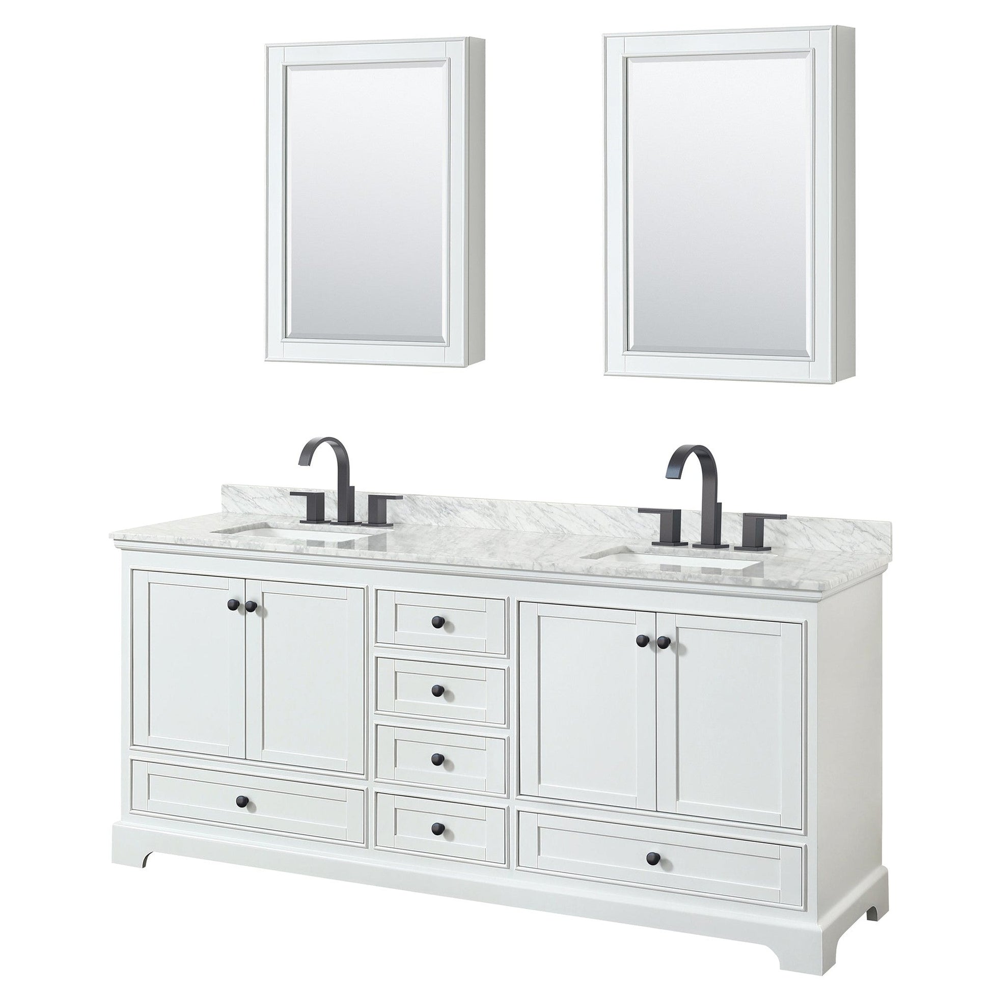 Wyndham Collection Deborah 80" Double Bathroom Vanity in White, White Carrara Marble Countertop, Undermount Square Sinks, Matte Black Trim, Medicine Cabinets