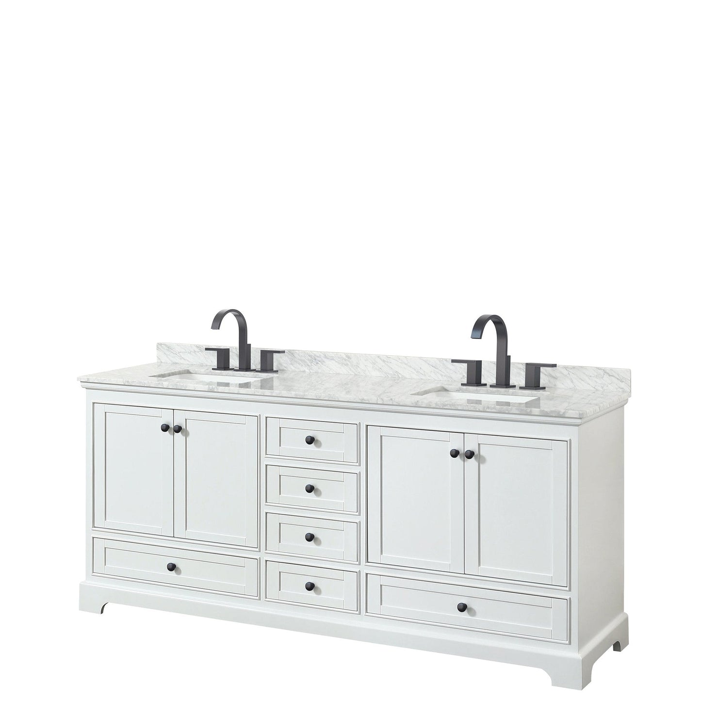 Wyndham Collection Deborah 80" Double Bathroom Vanity in White, White Carrara Marble Countertop, Undermount Square Sinks, Matte Black Trim