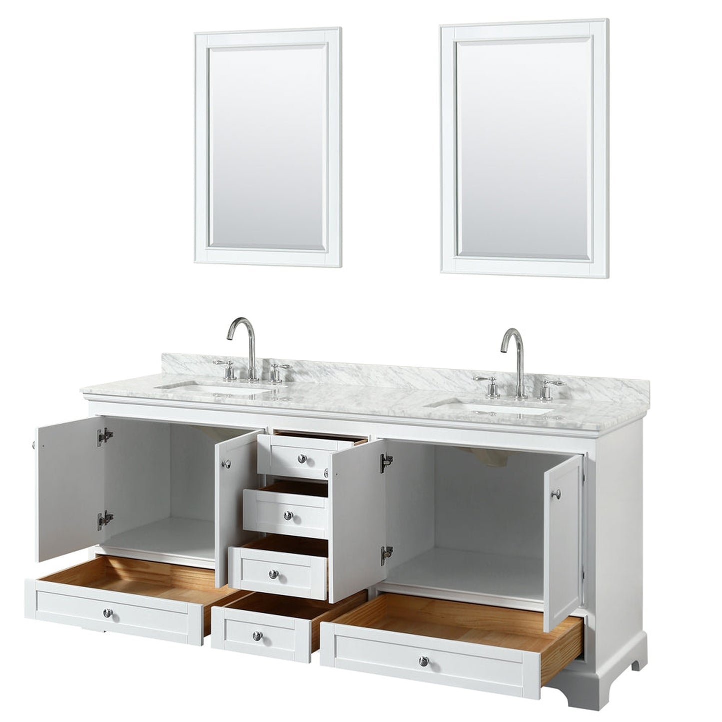 Wyndham Collection Deborah 80" Double Bathroom Vanity in White, White Carrara Marble Countertop, Undermount Square Sinks, and 24" Mirror