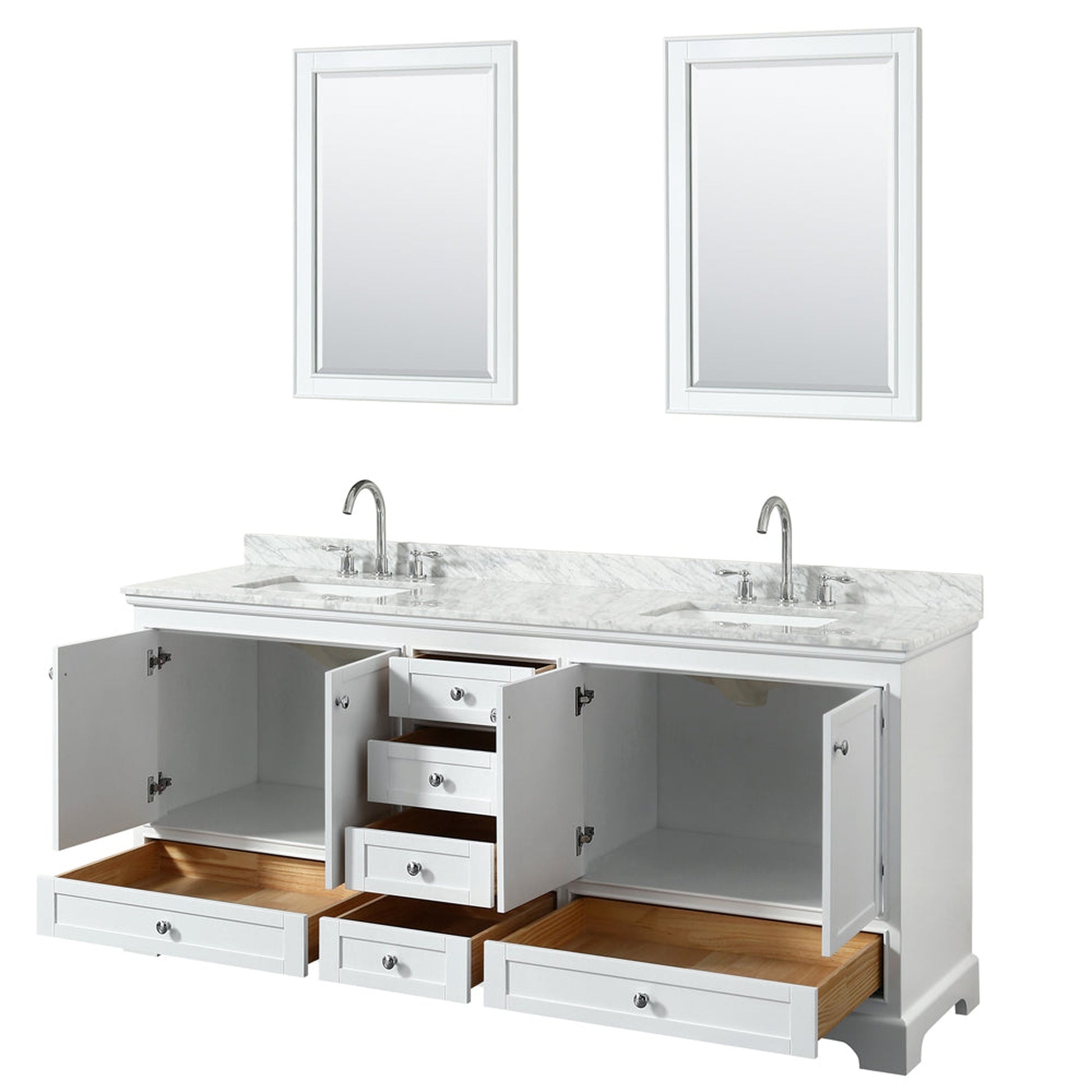 Wyndham Collection Deborah 80" Double Bathroom Vanity in White, White Carrara Marble Countertop, Undermount Square Sinks, and 24" Mirror