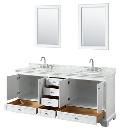 Wyndham Collection Deborah 80" Double Bathroom Vanity in White, White Carrara Marble Countertop, Undermount Square Sinks, and 24" Mirror
