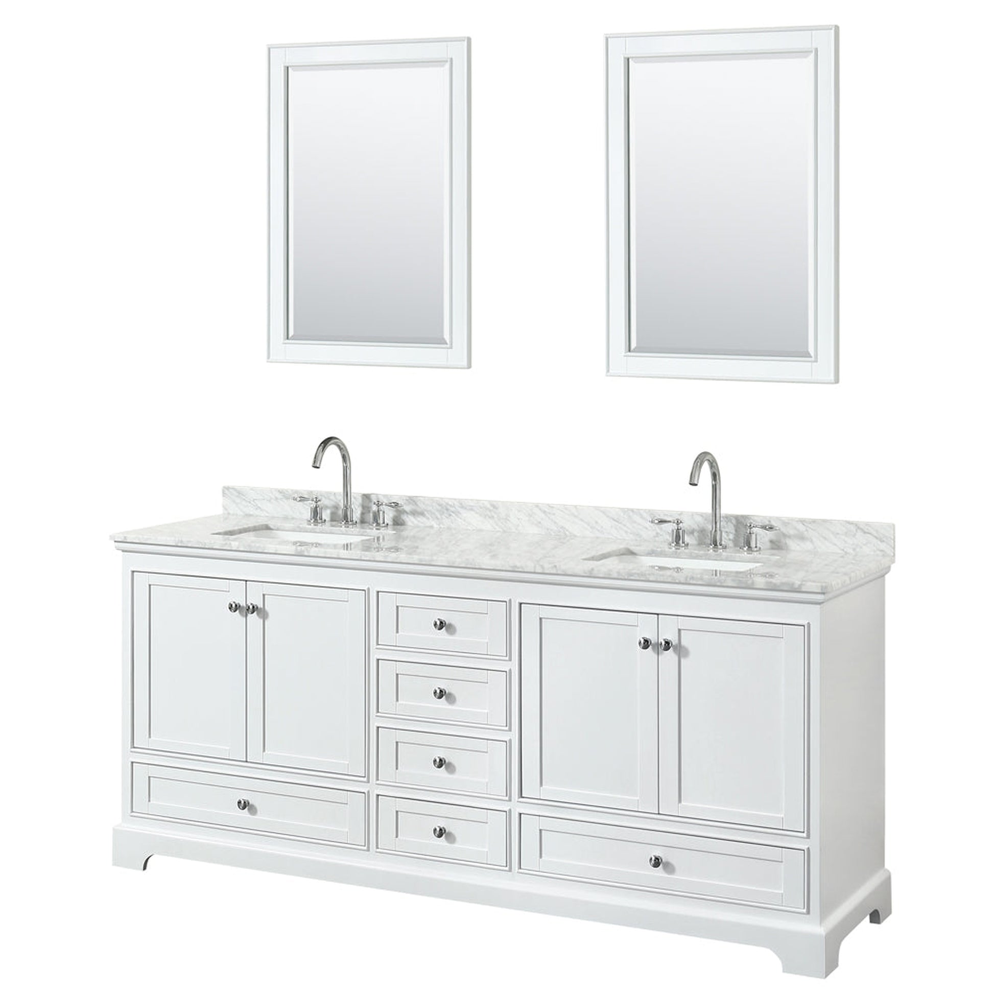 Wyndham Collection Deborah 80" Double Bathroom Vanity in White, White Carrara Marble Countertop, Undermount Square Sinks, and 24" Mirror