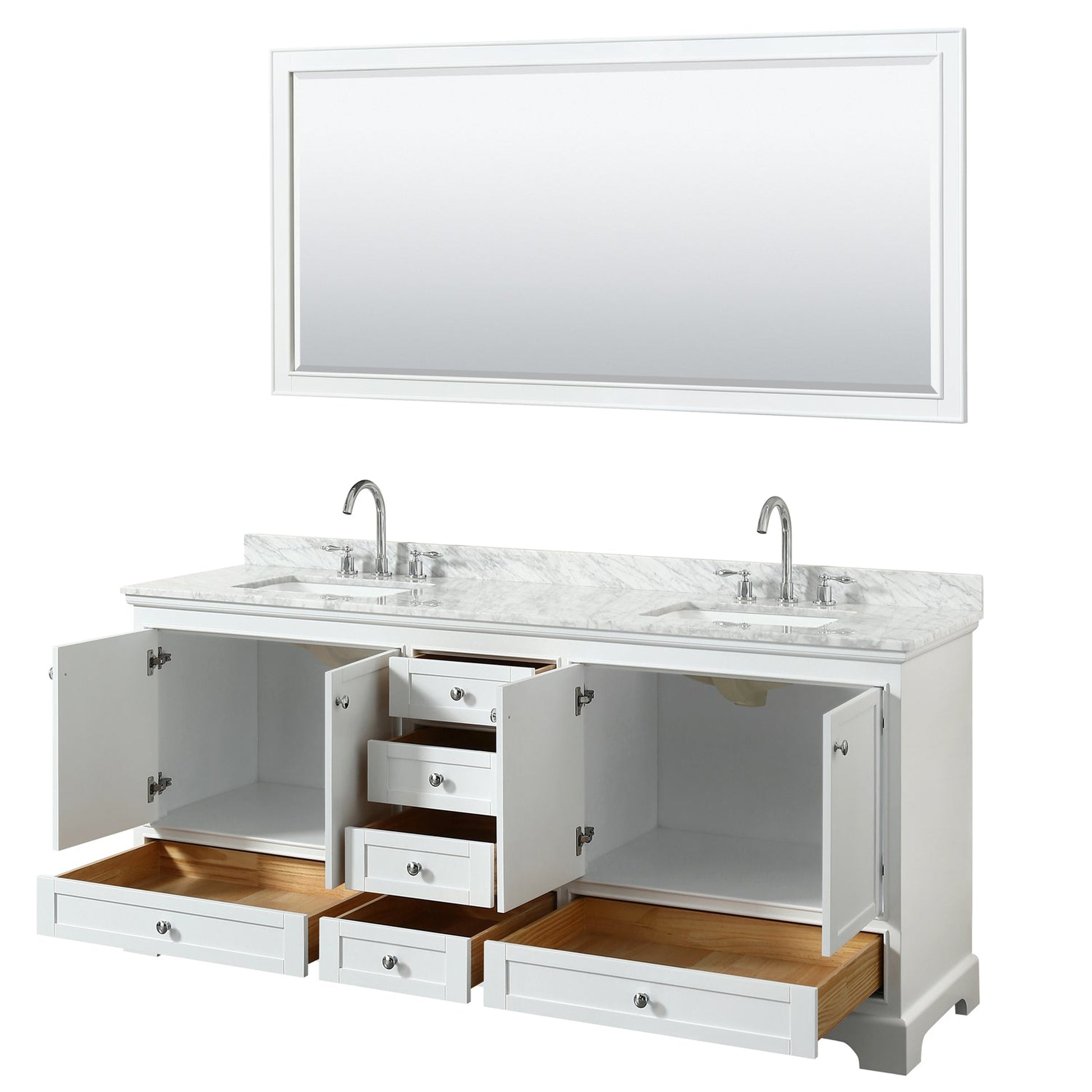Wyndham Collection Deborah 80" Double Bathroom Vanity in White, White Carrara Marble Countertop, Undermount Square Sinks, and 70" Mirror