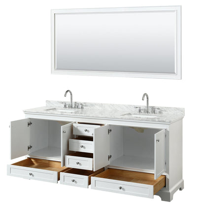 Wyndham Collection Deborah 80" Double Bathroom Vanity in White, White Carrara Marble Countertop, Undermount Square Sinks, and 70" Mirror
