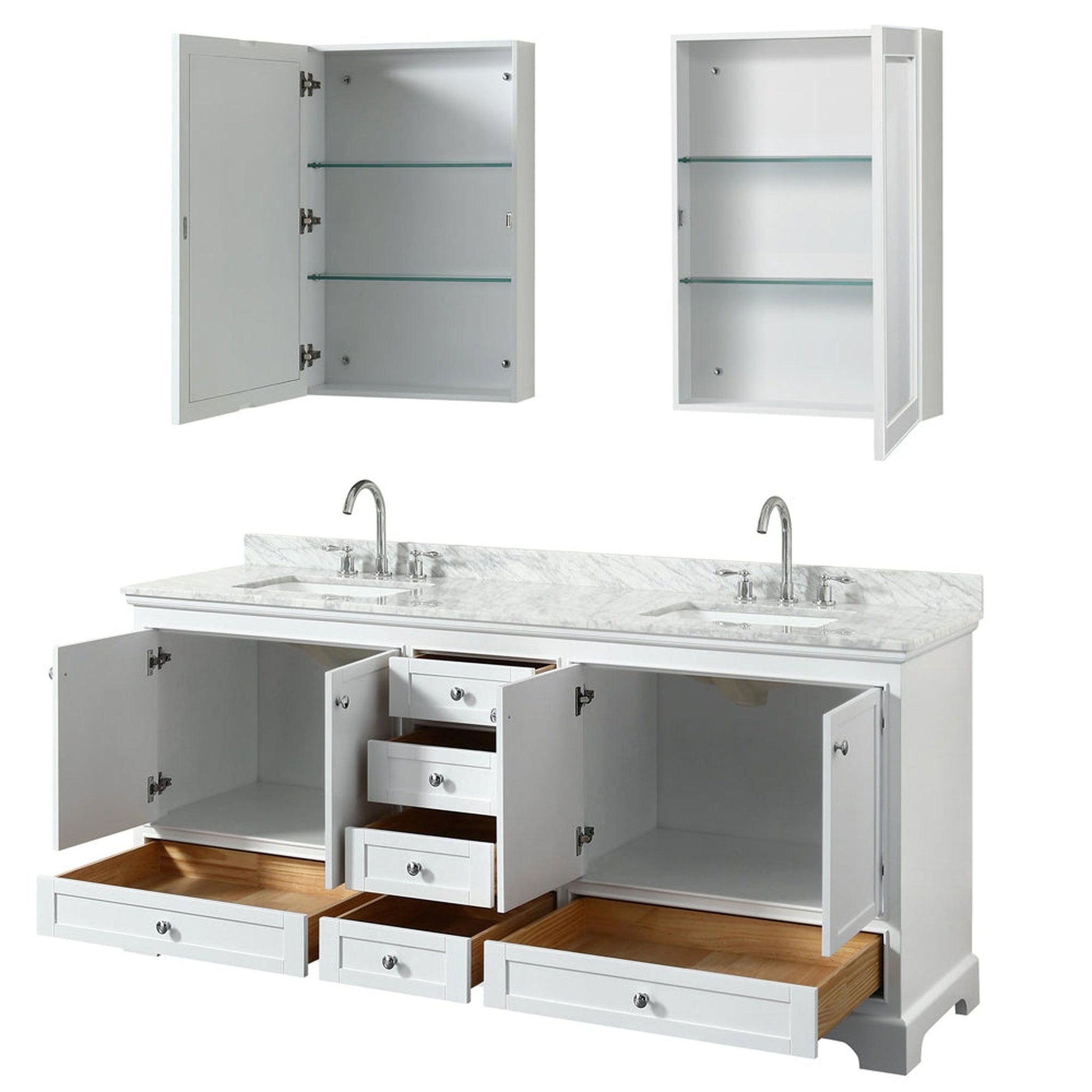 Wyndham Collection Deborah 80" Double Bathroom Vanity in White, White Carrara Marble Countertop, Undermount Square Sinks, and Medicine Cabinet
