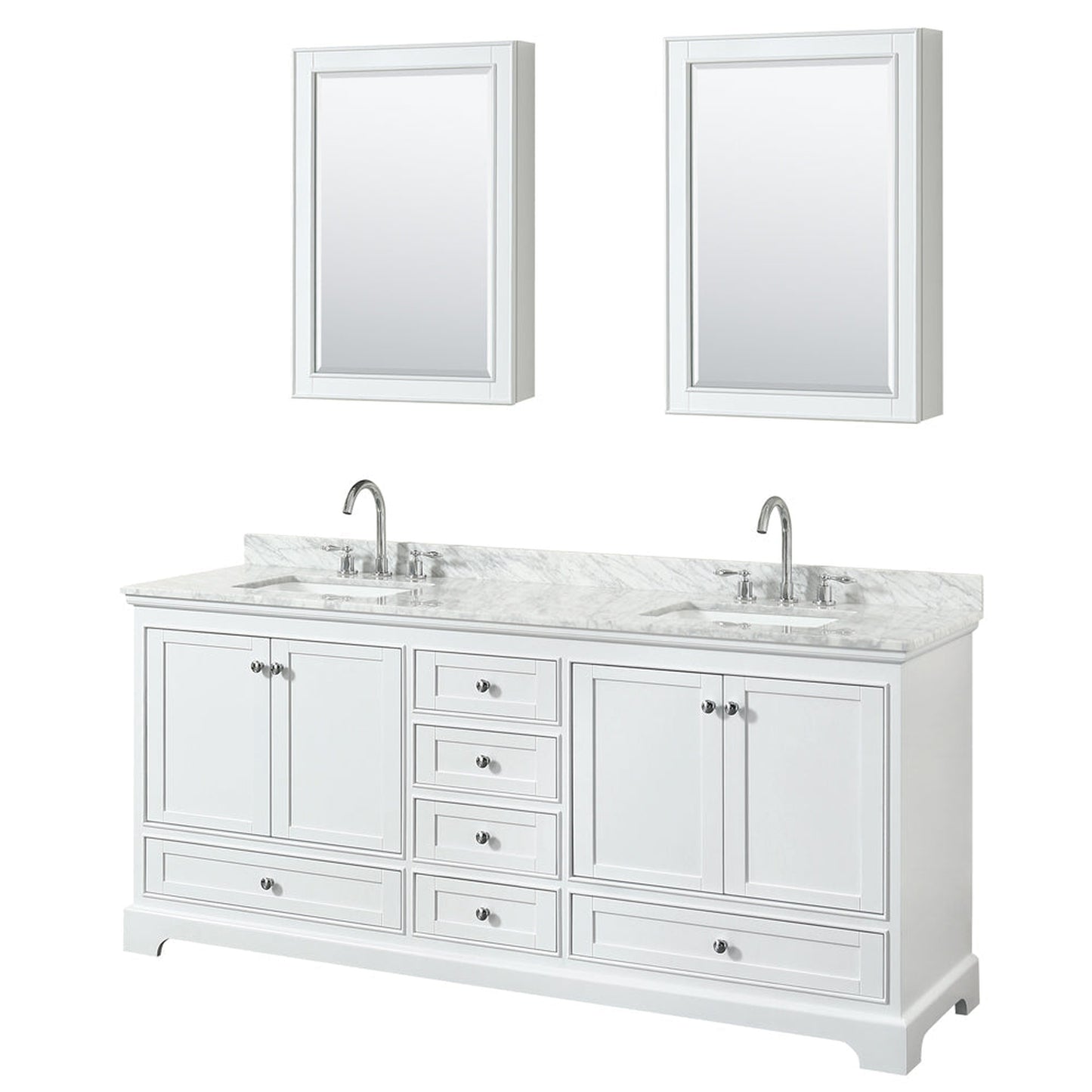 Wyndham Collection Deborah 80" Double Bathroom Vanity in White, White Carrara Marble Countertop, Undermount Square Sinks, and Medicine Cabinet