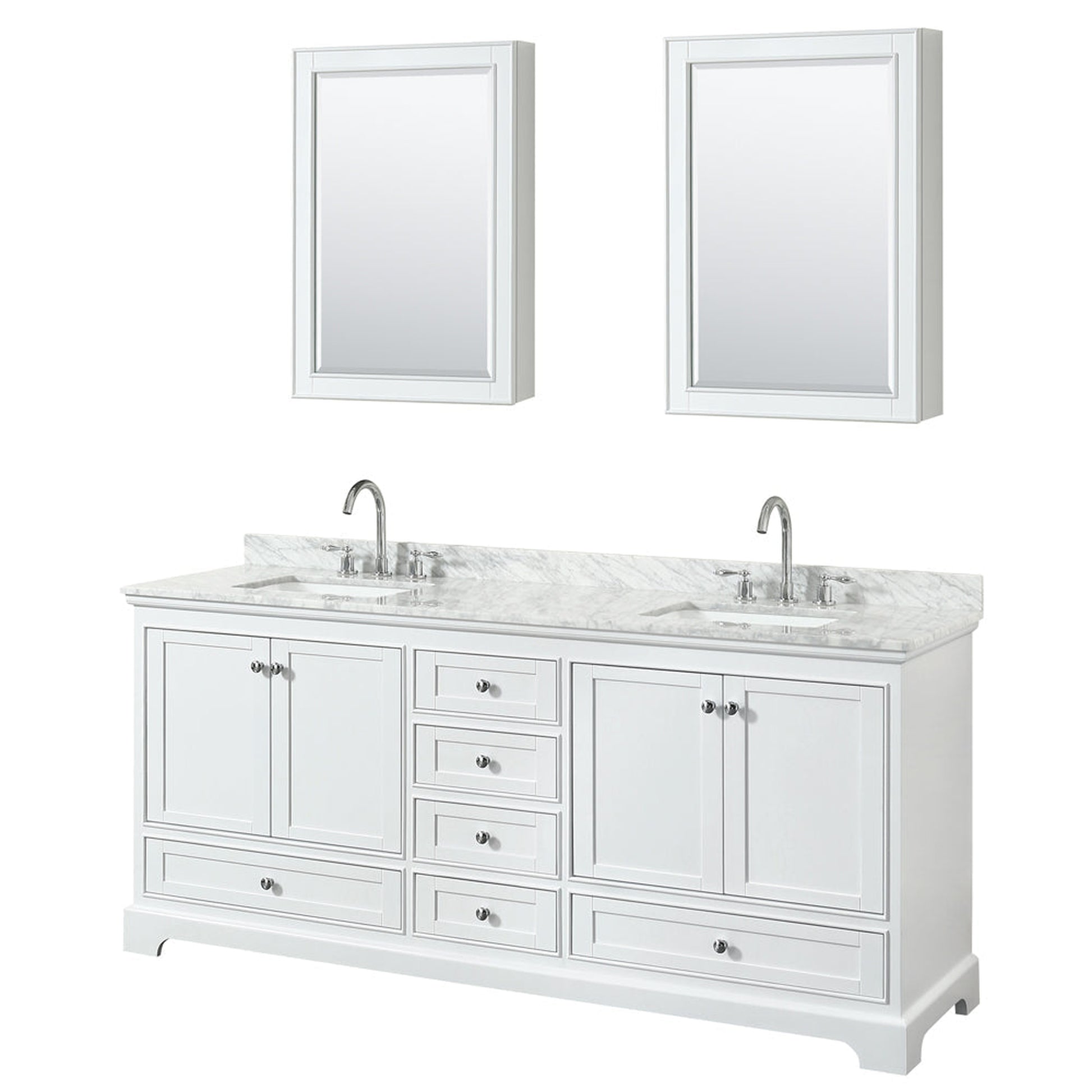 Wyndham Collection Deborah 80" Double Bathroom Vanity in White, White Carrara Marble Countertop, Undermount Square Sinks, and Medicine Cabinet