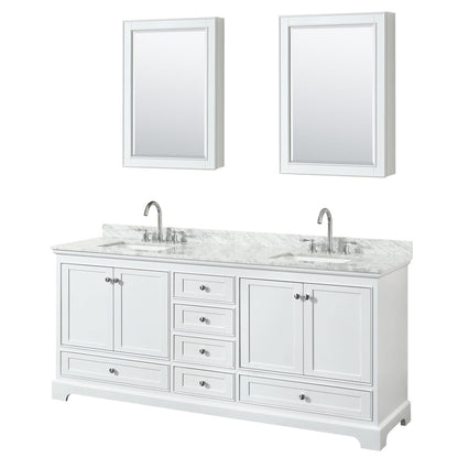 Wyndham Collection Deborah 80" Double Bathroom Vanity in White, White Carrara Marble Countertop, Undermount Square Sinks, and Medicine Cabinet
