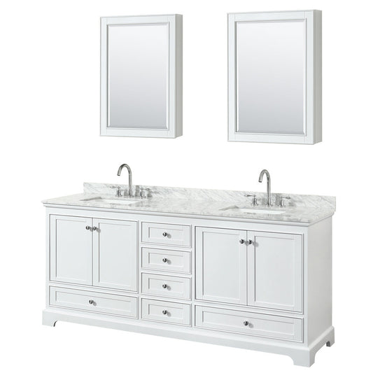 Wyndham Collection Deborah 80" Double Bathroom Vanity in White, White Carrara Marble Countertop, Undermount Square Sinks, and Medicine Cabinet