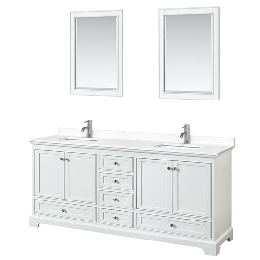 Wyndham Collection Deborah 80" Double Bathroom Vanity in White, White Cultured Marble Countertop, Undermount Square Sinks, 24" Mirror