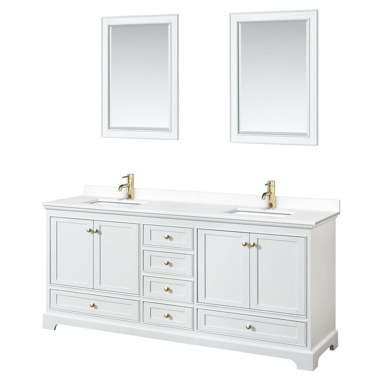 Wyndham Collection Deborah 80" Double Bathroom Vanity in White, White Cultured Marble Countertop, Undermount Square Sinks, Brushed Gold Trim, 24" Mirror