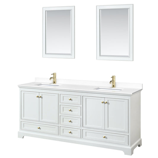 Wyndham Collection Deborah 80" Double Bathroom Vanity in White, White Cultured Marble Countertop, Undermount Square Sinks, Brushed Gold Trim, 24" Mirror
