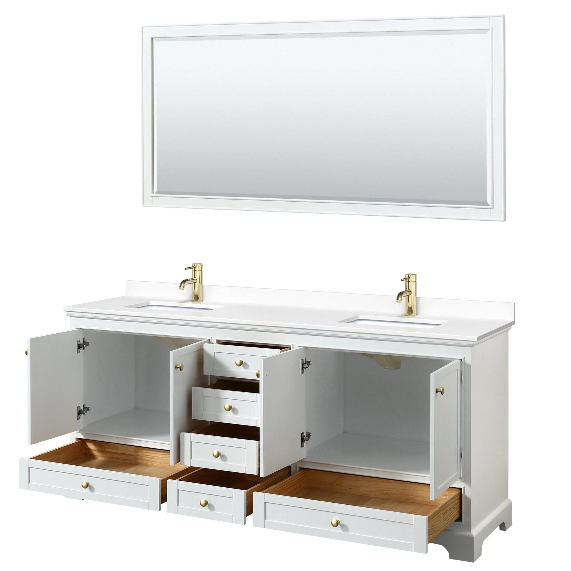 Wyndham Collection Deborah 80" Double Bathroom Vanity in White, White Cultured Marble Countertop, Undermount Square Sinks, Brushed Gold Trim, 70" Mirror