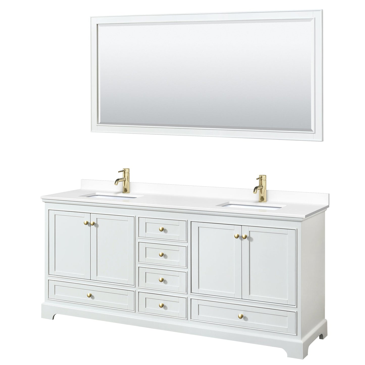 Wyndham Collection Deborah 80" Double Bathroom Vanity in White, White Cultured Marble Countertop, Undermount Square Sinks, Brushed Gold Trim, 70" Mirror