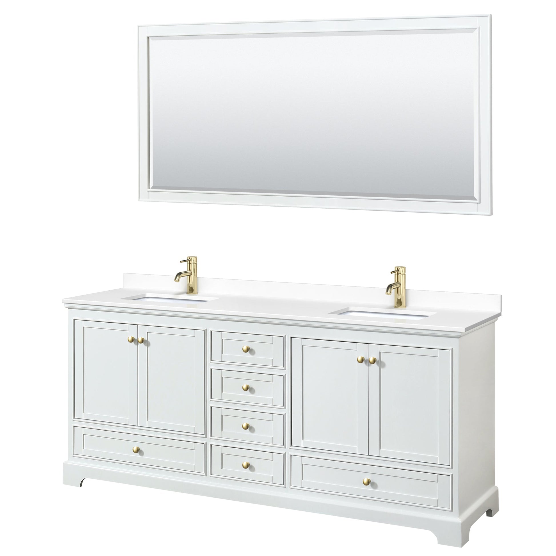 Wyndham Collection Deborah 80" Double Bathroom Vanity in White, White Cultured Marble Countertop, Undermount Square Sinks, Brushed Gold Trim, 70" Mirror