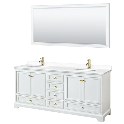 Wyndham Collection Deborah 80" Double Bathroom Vanity in White, White Cultured Marble Countertop, Undermount Square Sinks, Brushed Gold Trim, 70" Mirror