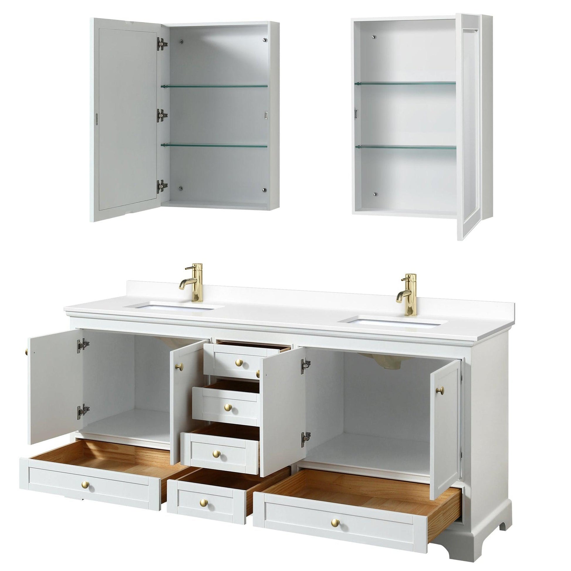 Wyndham Collection Deborah 80" Double Bathroom Vanity in White, White Cultured Marble Countertop, Undermount Square Sinks, Brushed Gold Trim, Medicine Cabinet