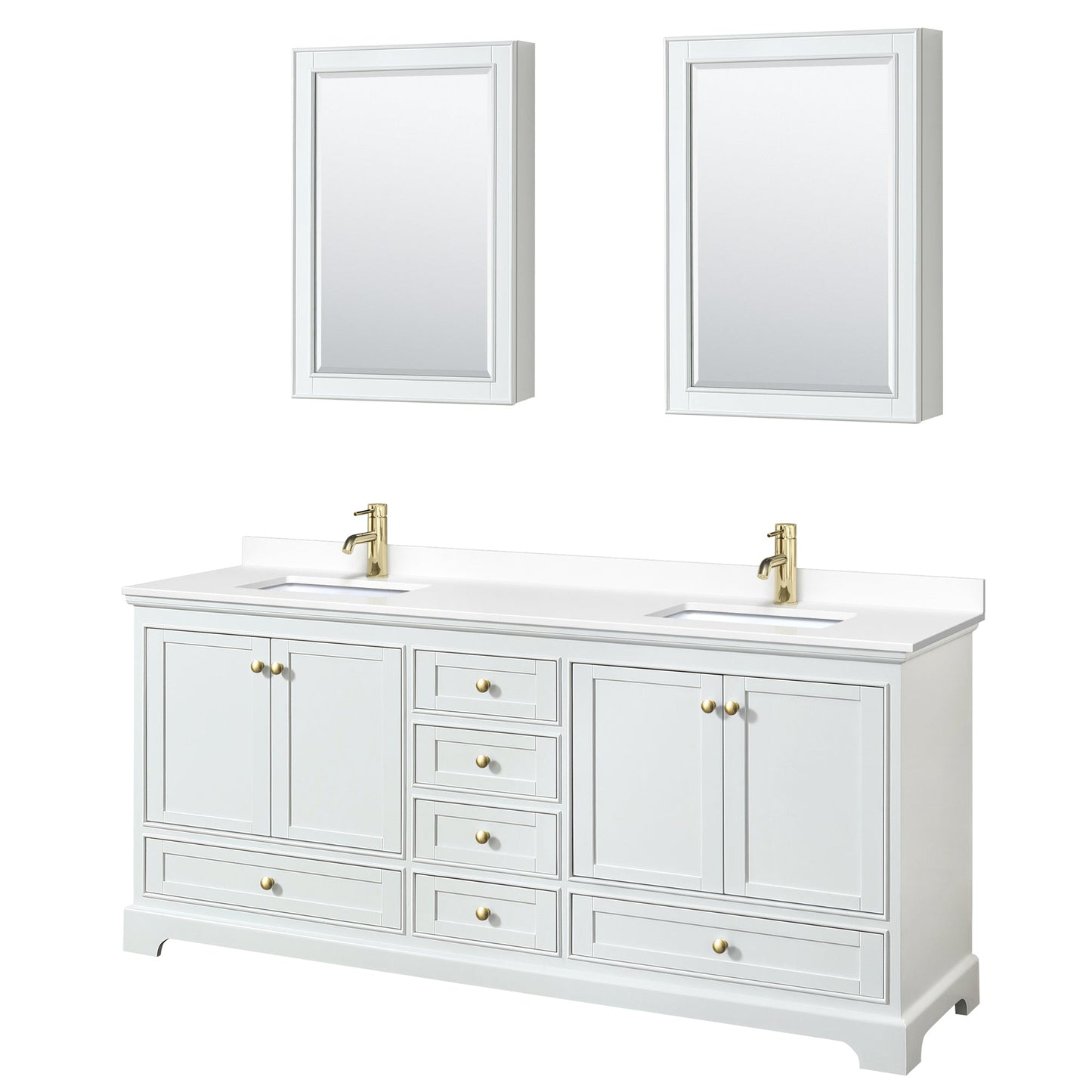 Wyndham Collection Deborah 80" Double Bathroom Vanity in White, White Cultured Marble Countertop, Undermount Square Sinks, Brushed Gold Trim, Medicine Cabinet