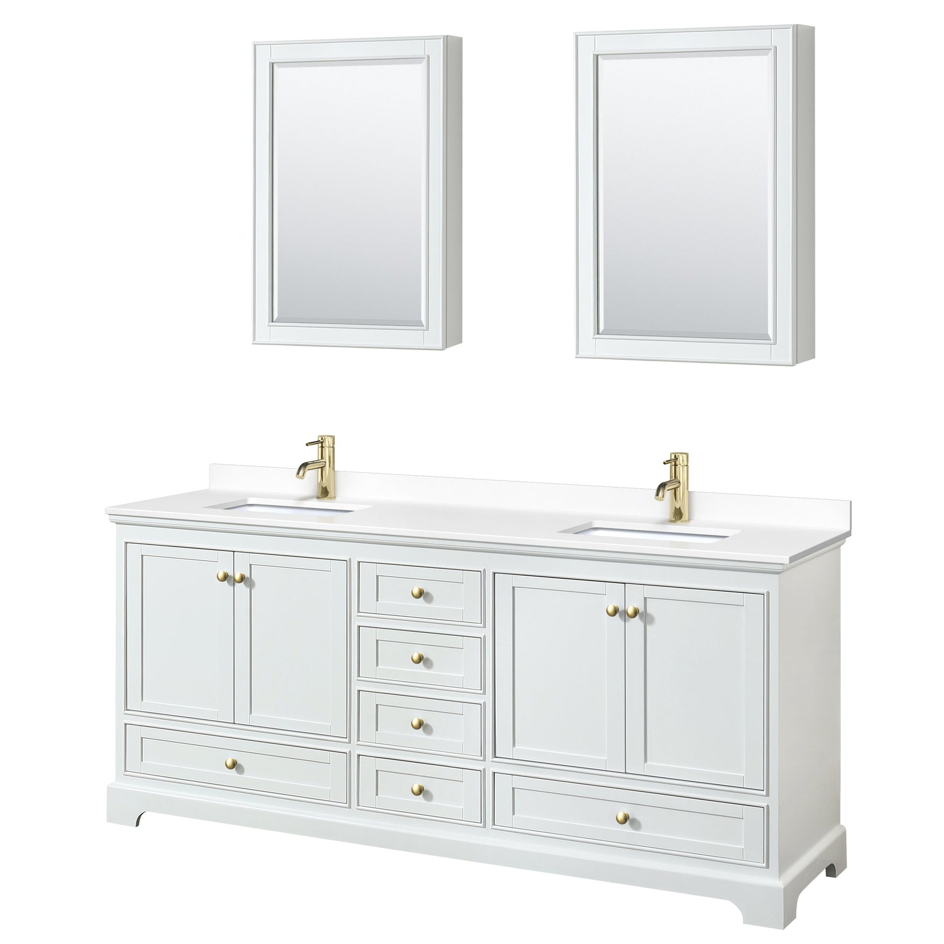 Wyndham Collection Deborah 80" Double Bathroom Vanity in White, White Cultured Marble Countertop, Undermount Square Sinks, Brushed Gold Trim, Medicine Cabinet