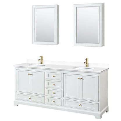 Wyndham Collection Deborah 80" Double Bathroom Vanity in White, White Cultured Marble Countertop, Undermount Square Sinks, Brushed Gold Trim, Medicine Cabinet