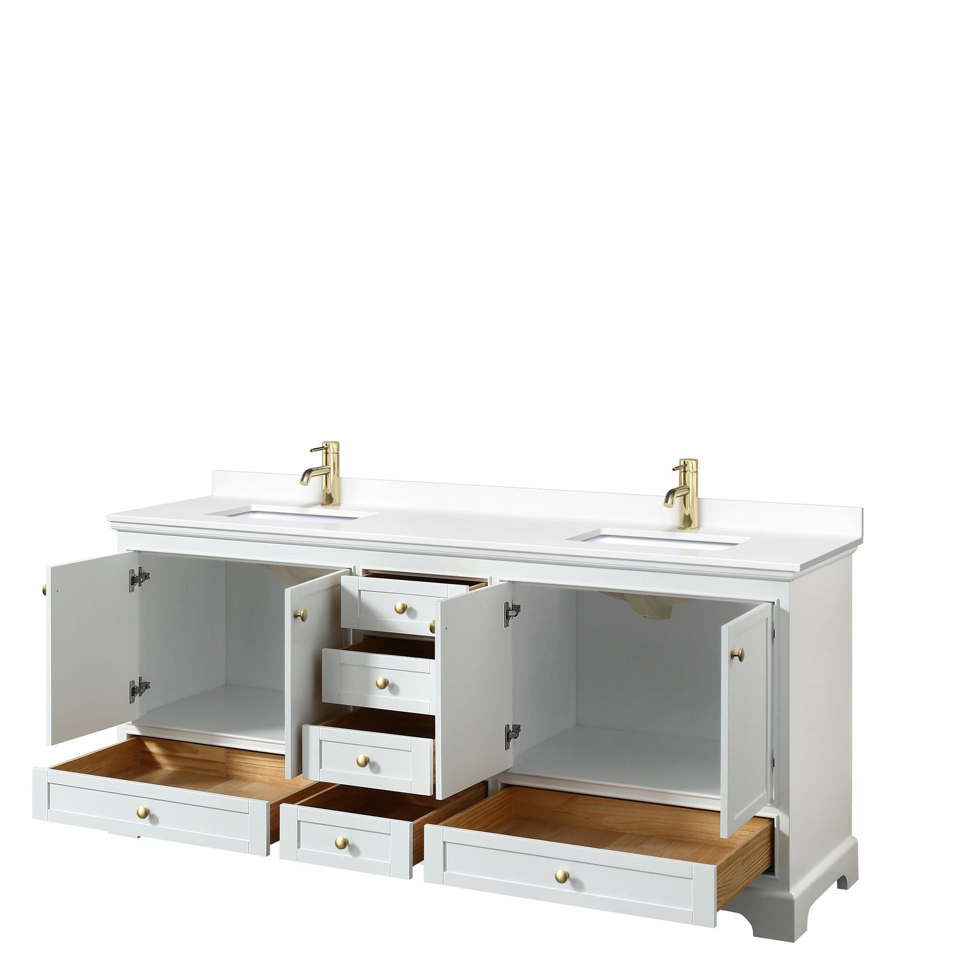 Wyndham Collection Deborah 80" Double Bathroom Vanity in White, White Cultured Marble Countertop, Undermount Square Sinks, Brushed Gold Trim, No Mirror