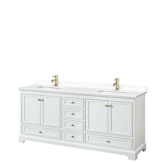 Wyndham Collection Deborah 80" Double Bathroom Vanity in White, White Cultured Marble Countertop, Undermount Square Sinks, Brushed Gold Trim, No Mirror