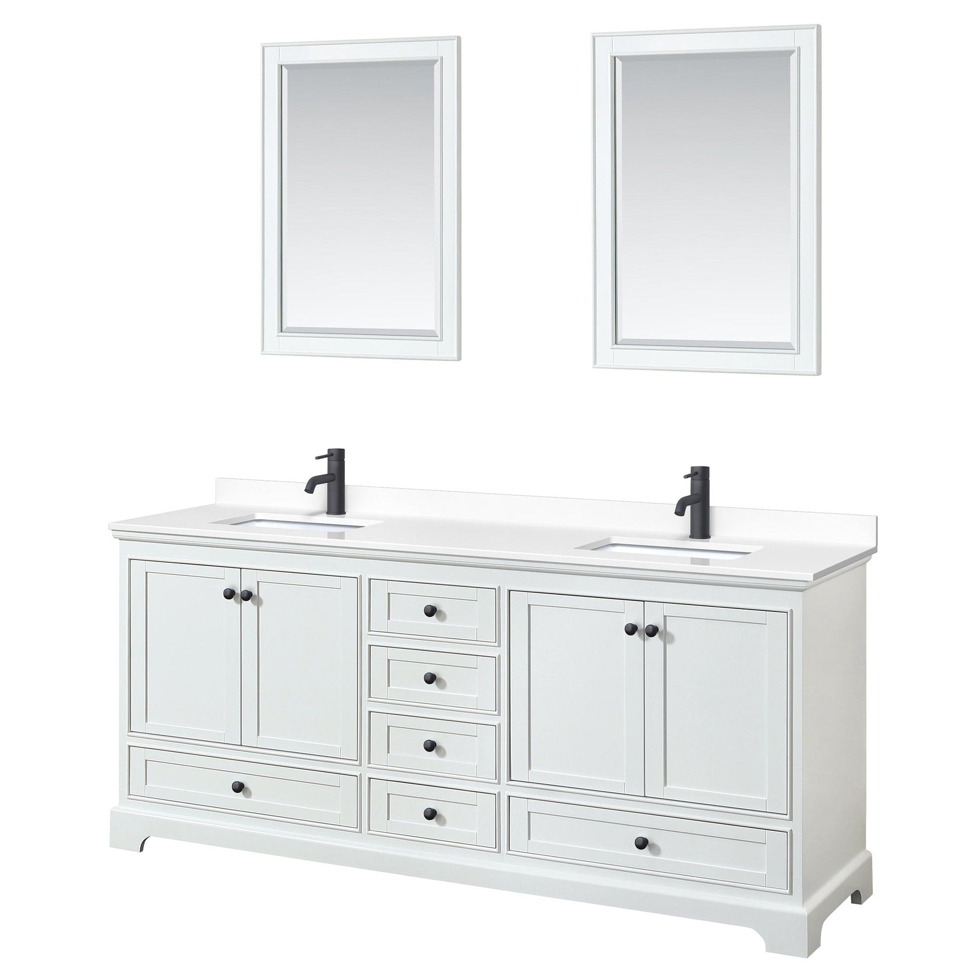 Wyndham Collection Deborah 80" Double Bathroom Vanity in White, White Cultured Marble Countertop, Undermount Square Sinks, Matte Black Trim, 24" Mirrors