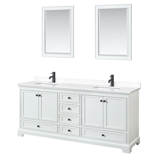 Wyndham Collection Deborah 80" Double Bathroom Vanity in White, White Cultured Marble Countertop, Undermount Square Sinks, Matte Black Trim, 24" Mirrors