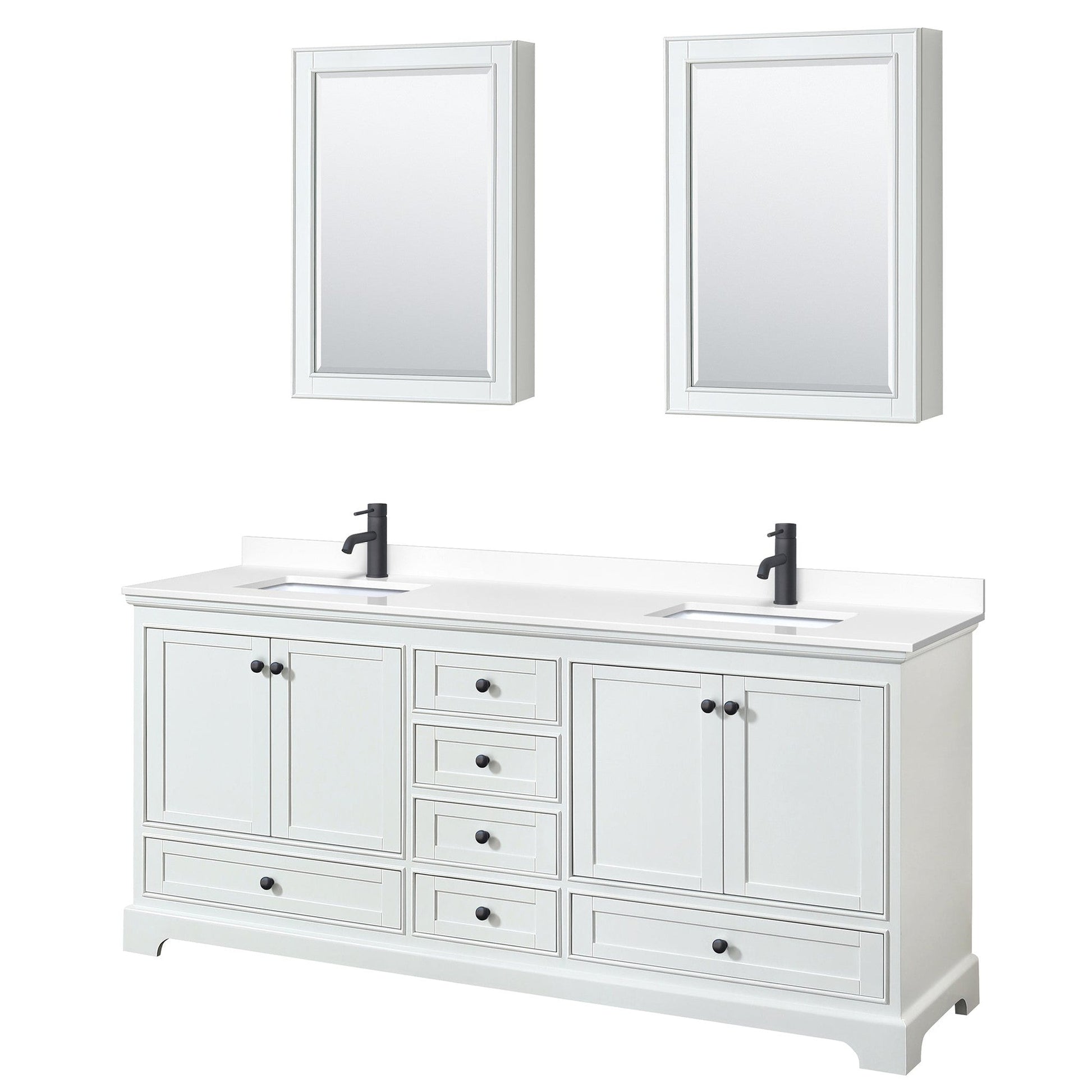 Wyndham Collection Deborah 80" Double Bathroom Vanity in White, White Cultured Marble Countertop, Undermount Square Sinks, Matte Black Trim, Medicine Cabinets