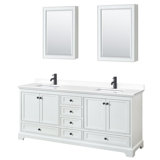 Wyndham Collection Deborah 80" Double Bathroom Vanity in White, White Cultured Marble Countertop, Undermount Square Sinks, Matte Black Trim, Medicine Cabinets