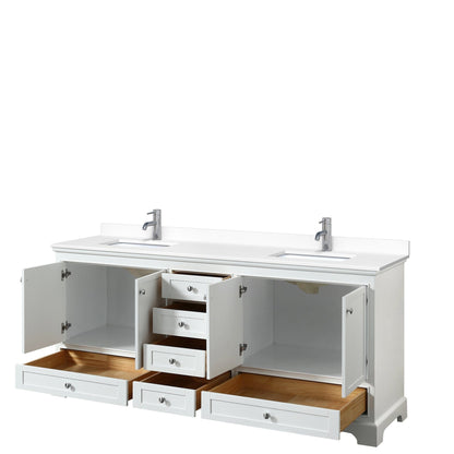 Wyndham Collection Deborah 80" Double Bathroom Vanity in White, White Cultured Marble Countertop, Undermount Square Sinks, No Mirror