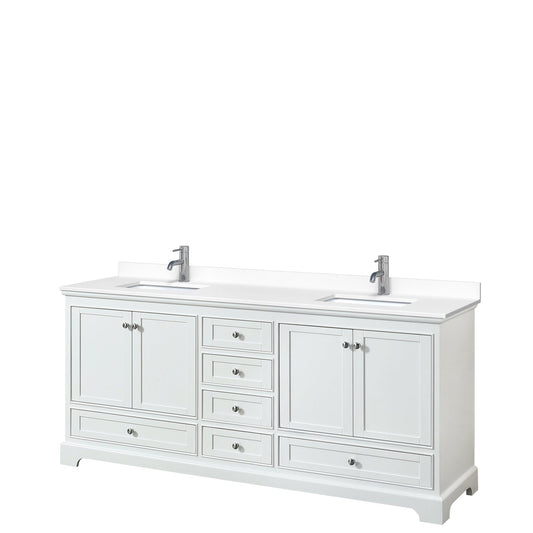Wyndham Collection Deborah 80" Double Bathroom Vanity in White, White Cultured Marble Countertop, Undermount Square Sinks, No Mirror