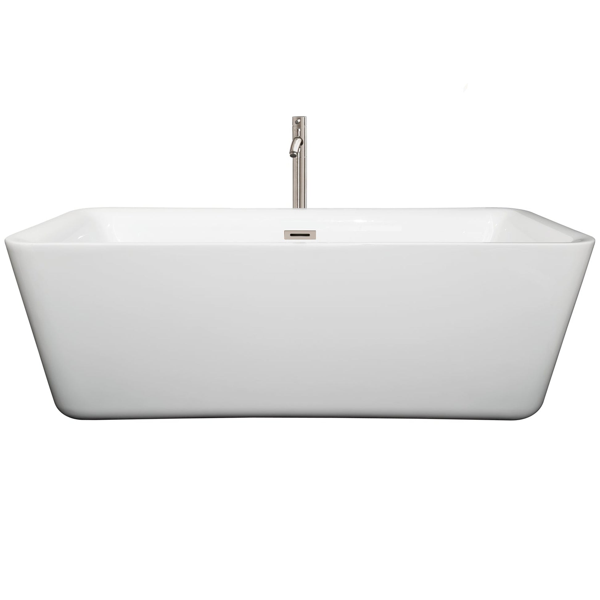 Wyndham Collection Emily 69" Freestanding Bathtub in White With Floor Mounted Faucet, Drain and Overflow Trim in Brushed Nickel