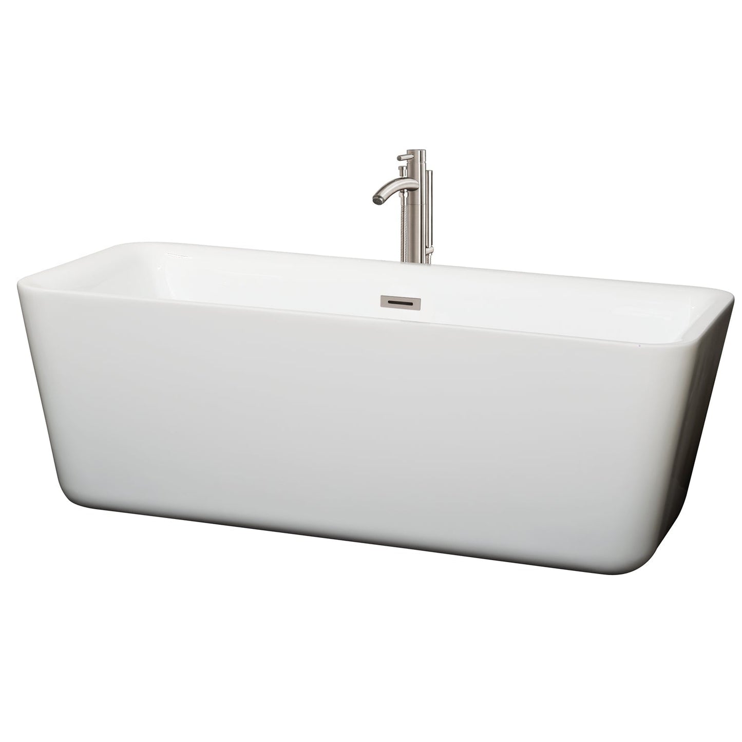 Wyndham Collection Emily 69" Freestanding Bathtub in White With Floor Mounted Faucet, Drain and Overflow Trim in Brushed Nickel