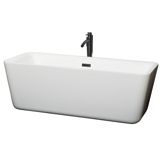 Wyndham Collection Emily 69" Freestanding Bathtub in White With Floor Mounted Faucet, Drain and Overflow Trim in Matte Black