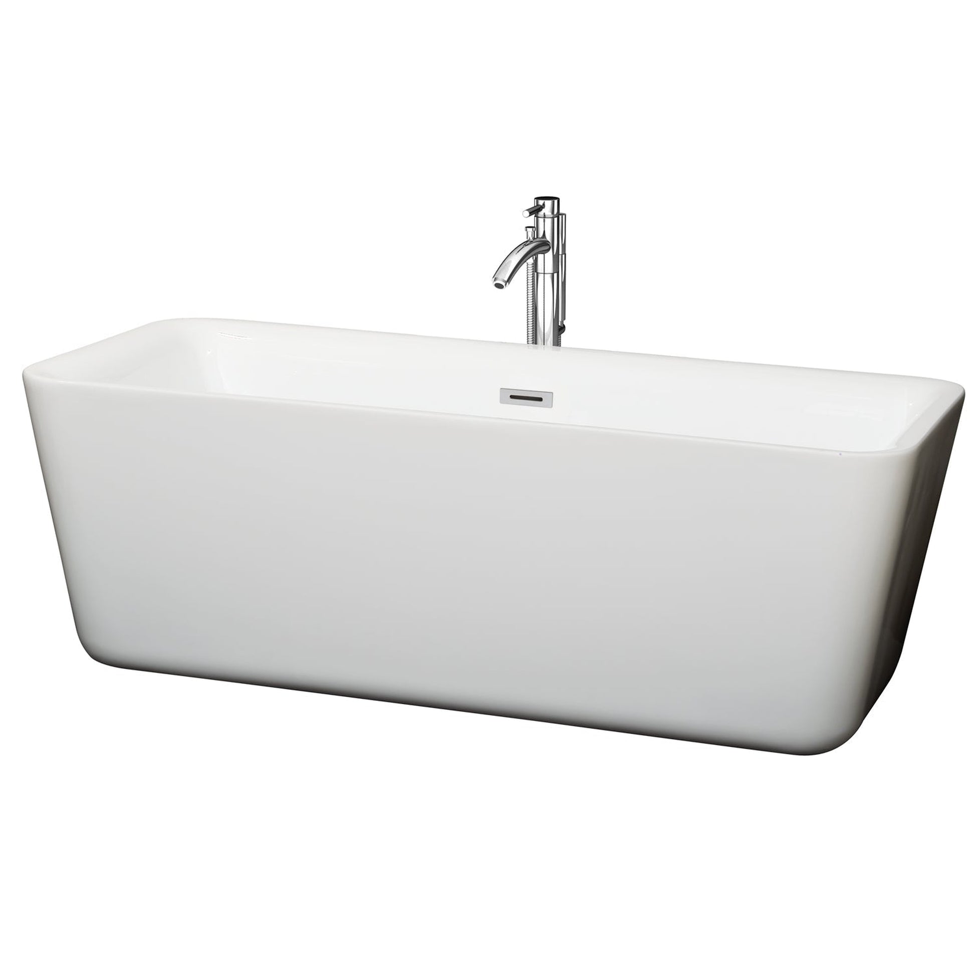 Wyndham Collection Emily 69" Freestanding Bathtub in White With Floor Mounted Faucet, Drain and Overflow Trim in Polished Chrome