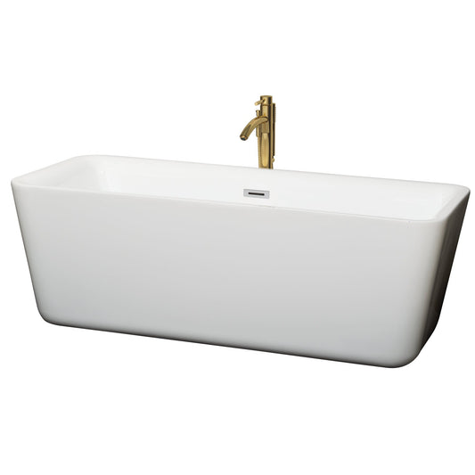 Wyndham Collection Emily 69" Freestanding Bathtub in White With Polished Chrome Trim and Floor Mounted Faucet in Brushed Gold