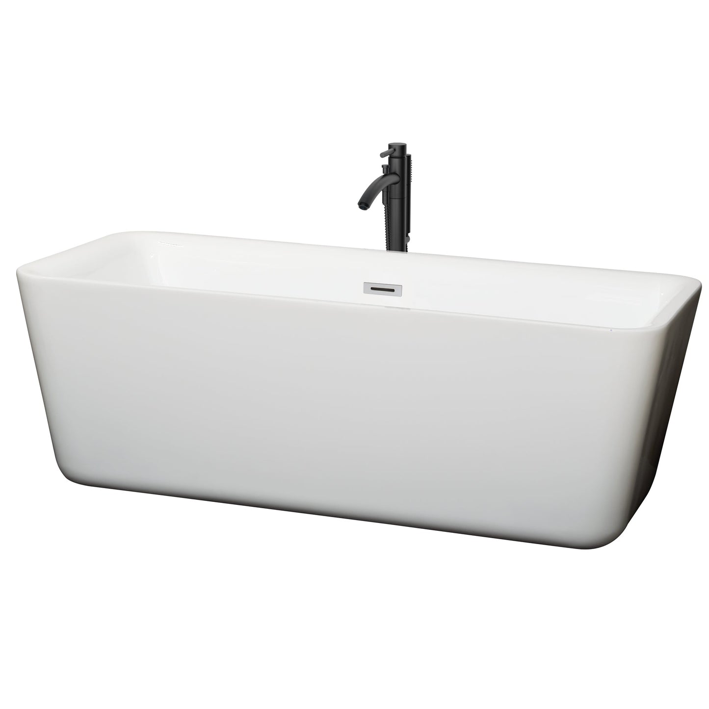 Wyndham Collection Emily 69" Freestanding Bathtub in White With Polished Chrome Trim and Floor Mounted Faucet in Matte Black