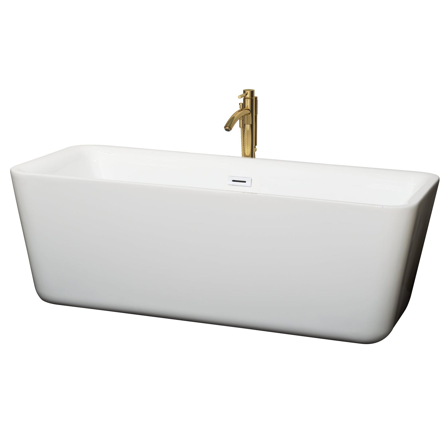 Wyndham Collection Emily 69" Freestanding Bathtub in White With Shiny White Trim and Floor Mounted Faucet in Brushed Gold